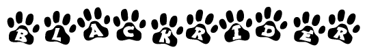 The image shows a series of animal paw prints arranged horizontally. Within each paw print, there's a letter; together they spell Blackrider