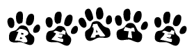The image shows a row of animal paw prints, each containing a letter. The letters spell out the word Beate within the paw prints.