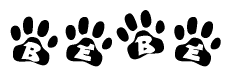 The image shows a series of animal paw prints arranged in a horizontal line. Each paw print contains a letter, and together they spell out the word Bebe.