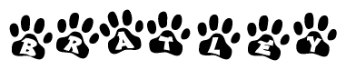 The image shows a row of animal paw prints, each containing a letter. The letters spell out the word Bratley within the paw prints.