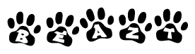 The image shows a series of animal paw prints arranged horizontally. Within each paw print, there's a letter; together they spell Beazt