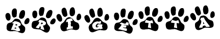 The image shows a series of animal paw prints arranged horizontally. Within each paw print, there's a letter; together they spell Brigetta