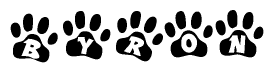 The image shows a series of animal paw prints arranged horizontally. Within each paw print, there's a letter; together they spell Byron