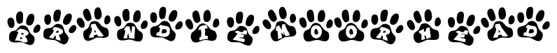 The image shows a series of animal paw prints arranged horizontally. Within each paw print, there's a letter; together they spell Brandiemoorhead