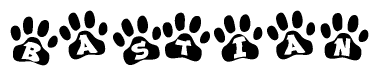 The image shows a row of animal paw prints, each containing a letter. The letters spell out the word Bastian within the paw prints.