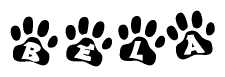 The image shows a series of animal paw prints arranged in a horizontal line. Each paw print contains a letter, and together they spell out the word Bela.