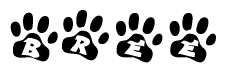 The image shows a row of animal paw prints, each containing a letter. The letters spell out the word Bree within the paw prints.