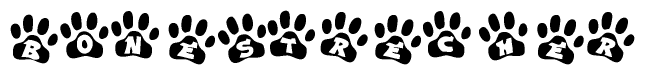 The image shows a row of animal paw prints, each containing a letter. The letters spell out the word Bonestrecher within the paw prints.
