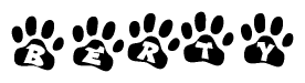 The image shows a series of animal paw prints arranged horizontally. Within each paw print, there's a letter; together they spell Berty