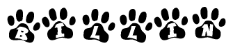 The image shows a row of animal paw prints, each containing a letter. The letters spell out the word Billin within the paw prints.