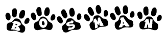 The image shows a series of animal paw prints arranged in a horizontal line. Each paw print contains a letter, and together they spell out the word Bosman.