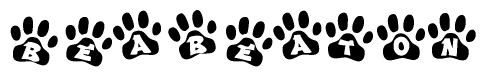 The image shows a series of animal paw prints arranged horizontally. Within each paw print, there's a letter; together they spell Beabeaton