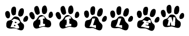 The image shows a row of animal paw prints, each containing a letter. The letters spell out the word Biillen within the paw prints.