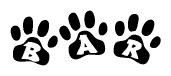 The image shows a row of animal paw prints, each containing a letter. The letters spell out the word Bar within the paw prints.