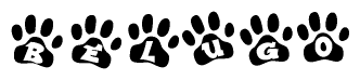 The image shows a row of animal paw prints, each containing a letter. The letters spell out the word Belugo within the paw prints.