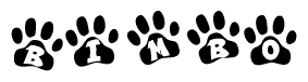 The image shows a series of animal paw prints arranged horizontally. Within each paw print, there's a letter; together they spell Bimbo