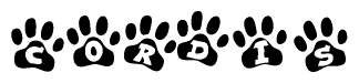 The image shows a series of animal paw prints arranged in a horizontal line. Each paw print contains a letter, and together they spell out the word Cordis.