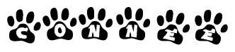 The image shows a series of animal paw prints arranged in a horizontal line. Each paw print contains a letter, and together they spell out the word Connee.