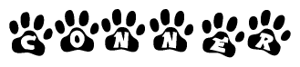 The image shows a series of animal paw prints arranged horizontally. Within each paw print, there's a letter; together they spell Conner