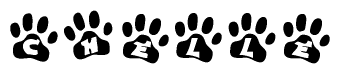 The image shows a series of animal paw prints arranged horizontally. Within each paw print, there's a letter; together they spell Chelle