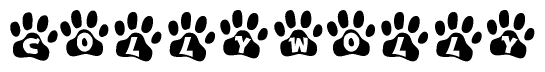 The image shows a series of animal paw prints arranged in a horizontal line. Each paw print contains a letter, and together they spell out the word Collywolly.
