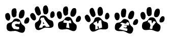 The image shows a series of animal paw prints arranged horizontally. Within each paw print, there's a letter; together they spell Cathey