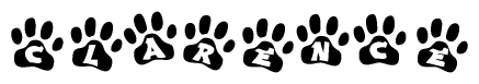 The image shows a series of animal paw prints arranged in a horizontal line. Each paw print contains a letter, and together they spell out the word Clarence.