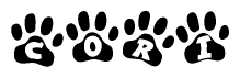 The image shows a row of animal paw prints, each containing a letter. The letters spell out the word Cori within the paw prints.