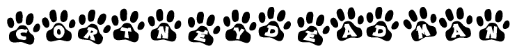 The image shows a series of animal paw prints arranged in a horizontal line. Each paw print contains a letter, and together they spell out the word Cortneydeadman.