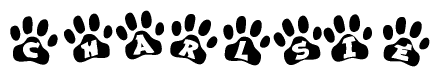 The image shows a series of animal paw prints arranged in a horizontal line. Each paw print contains a letter, and together they spell out the word Charlsie.