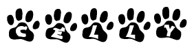The image shows a series of animal paw prints arranged horizontally. Within each paw print, there's a letter; together they spell Celly