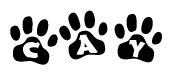 The image shows a row of animal paw prints, each containing a letter. The letters spell out the word Cay within the paw prints.