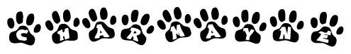 The image shows a series of animal paw prints arranged in a horizontal line. Each paw print contains a letter, and together they spell out the word Charmayne.