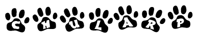 The image shows a row of animal paw prints, each containing a letter. The letters spell out the word Chularp within the paw prints.