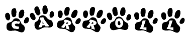 The image shows a series of animal paw prints arranged horizontally. Within each paw print, there's a letter; together they spell Carroll