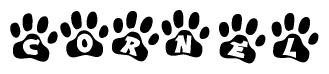 The image shows a series of animal paw prints arranged horizontally. Within each paw print, there's a letter; together they spell Cornel