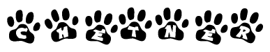 The image shows a series of animal paw prints arranged in a horizontal line. Each paw print contains a letter, and together they spell out the word Chetner.