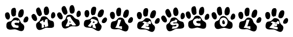 The image shows a series of animal paw prints arranged in a horizontal line. Each paw print contains a letter, and together they spell out the word Charlescole.