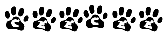 The image shows a series of animal paw prints arranged horizontally. Within each paw print, there's a letter; together they spell Ceecee