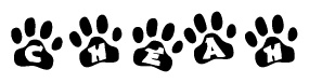 The image shows a row of animal paw prints, each containing a letter. The letters spell out the word Cheah within the paw prints.