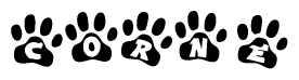 The image shows a row of animal paw prints, each containing a letter. The letters spell out the word Corne within the paw prints.