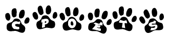   The image shows a row of animal paw prints, each containing a letter. The letters spell out the word Cpoets within the paw prints. 