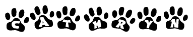 The image shows a series of animal paw prints arranged horizontally. Within each paw print, there's a letter; together they spell Cathryn