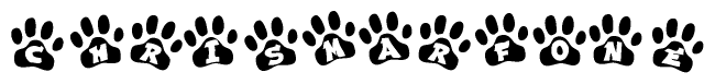 The image shows a series of animal paw prints arranged in a horizontal line. Each paw print contains a letter, and together they spell out the word Chrismarfone.