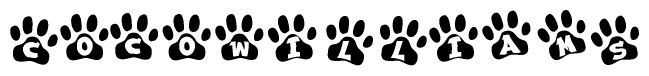 The image shows a series of animal paw prints arranged horizontally. Within each paw print, there's a letter; together they spell Cocowilliams