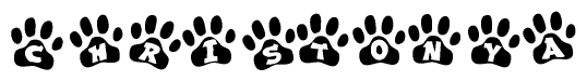 The image shows a series of animal paw prints arranged horizontally. Within each paw print, there's a letter; together they spell Christonya