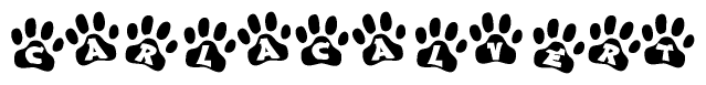 The image shows a series of animal paw prints arranged in a horizontal line. Each paw print contains a letter, and together they spell out the word Carlacalvert.