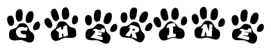 The image shows a row of animal paw prints, each containing a letter. The letters spell out the word Cherine within the paw prints.