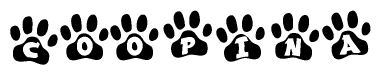 The image shows a series of animal paw prints arranged in a horizontal line. Each paw print contains a letter, and together they spell out the word Coopina.