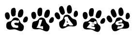 The image shows a series of animal paw prints arranged horizontally. Within each paw print, there's a letter; together they spell Claes